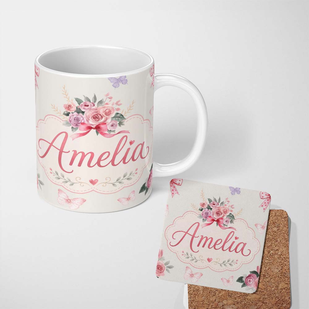 Personalized Custom Name Cute Watercolor Roses Bouquet with Red Ribbon Light Cream Background 11oz Ceramic Coffee Tea Mug White Large Handle