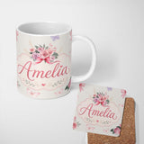 Personalized Custom Name Cute Watercolor Roses Bouquet with Red Ribbon Light Cream Background 11oz Ceramic Coffee Tea Mug White Large Handle