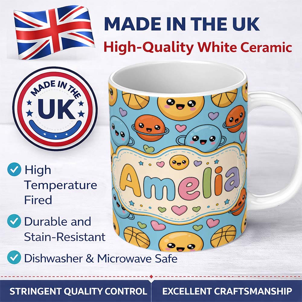 Personalized Custom Name Cute Kawaii Planets Basketball Pattern Fun Sports Seamless Pattern 11oz Ceramic Coffee Tea Mug White Large Handle
