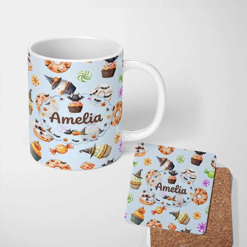 Personalized Custom Name Cute Halloween Donuts Cupcakes Bats and Candy Pastel Blue Background 11oz Ceramic Coffee Tea Mug White Large Handle