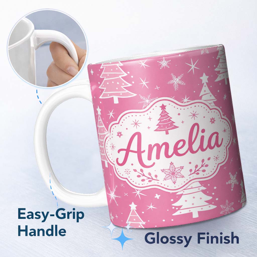 Personalized Custom Name Pink White Christmas Tree Snowflake Star Seamless Pattern Lovely 11oz Ceramic Coffee Tea Mug White Large Handle