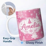 Personalized Custom Name Pink White Christmas Tree Snowflake Star Seamless Pattern Lovely 11oz Ceramic Coffee Tea Mug White Large Handle