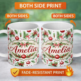 Personalized Custom Name Watercolor Christmas Baubles Holly Pine Branches Seamless Pattern 11oz Ceramic Coffee Tea Mug White Large Handle