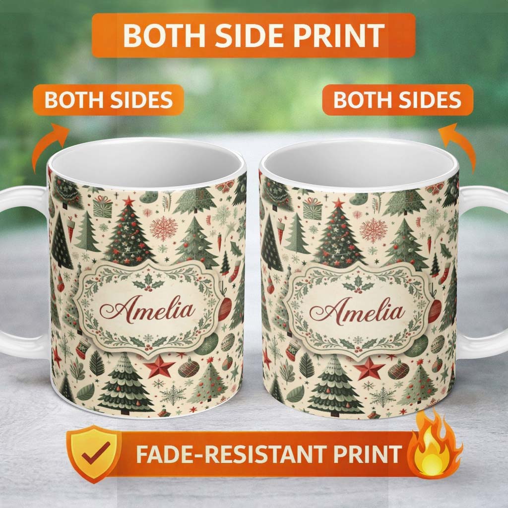 Personalized Custom Name Festive Christmas Trees Gifts Snowflakes and Ornaments Seamless 11oz Ceramic Coffee Tea Mug White Large Handle