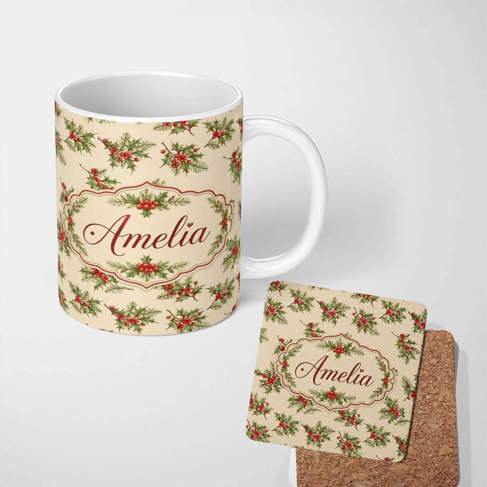 Personalized Custom Name Watercolor Holly Berries Green Leaves Minimal Seamless Pattern 11oz Ceramic Coffee Tea Mug White Large Handle