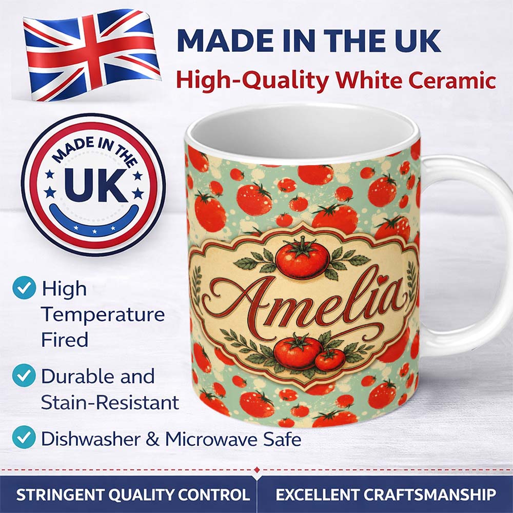 Personalized Custom Name Playful Red Tomatoes Splash Pattern on Light Blue Background Lovely 11oz Ceramic Coffee Tea Mug White Large Handle