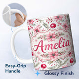 Personalized Custom Name Watercolor Pink Red Berries Pine Leaves Christmas Seamless Pattern 11oz Ceramic Coffee Tea Mug White Large Handle