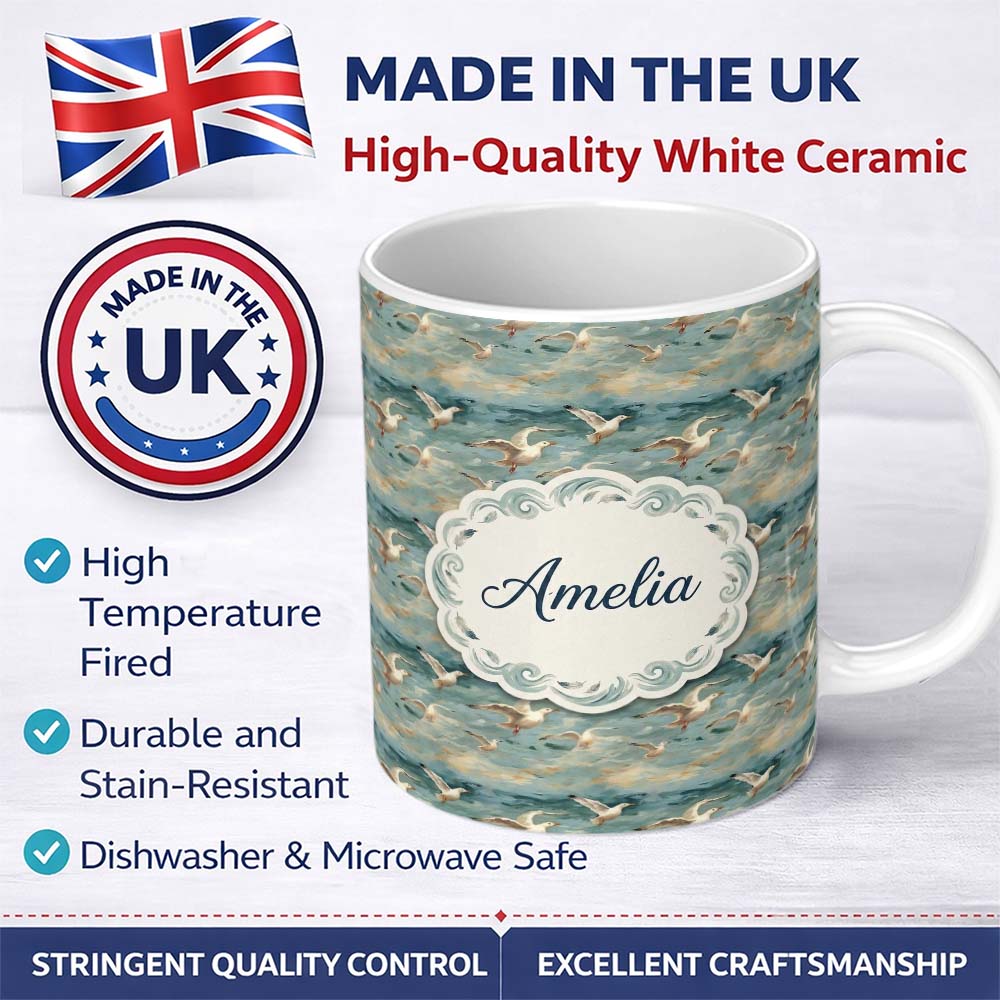 Personalized Custom Name Painterly Seagulls Flying Over Ocean Waves Seamless Pattern Lovely 11oz Ceramic Coffee Tea Mug White Large Handle