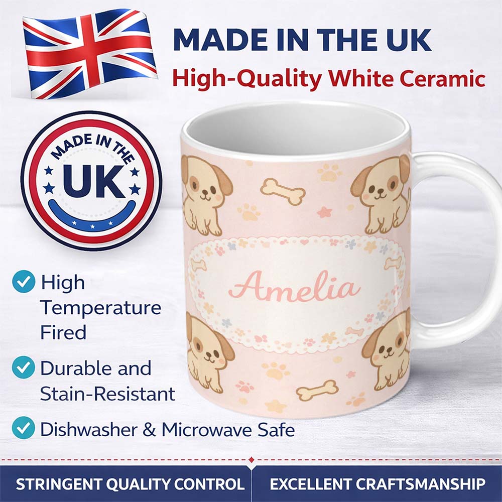 Personalized Custom Name Cute Puppy Dog Cartoon Animal Pattern Thoughtful Gift Idea Lovely 11oz Ceramic Coffee Tea Mug White Large Handle