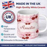 Personalized Custom Name Cherry Bow Ribbon Cute Pink Gingham Soft Check Seamless Pattern 11oz Ceramic Coffee Tea Mug White Large Handle