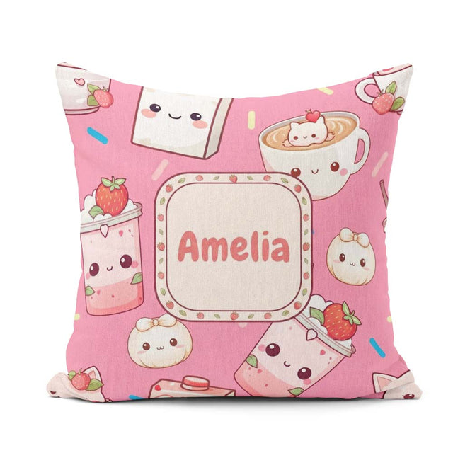 Custom Name Cute Strawberry Cat Cups Bright Pink Kawaii Seamless Square Filled Cushion Throw Pillow Sofa Bed Home Decor Zip Washable UK Made