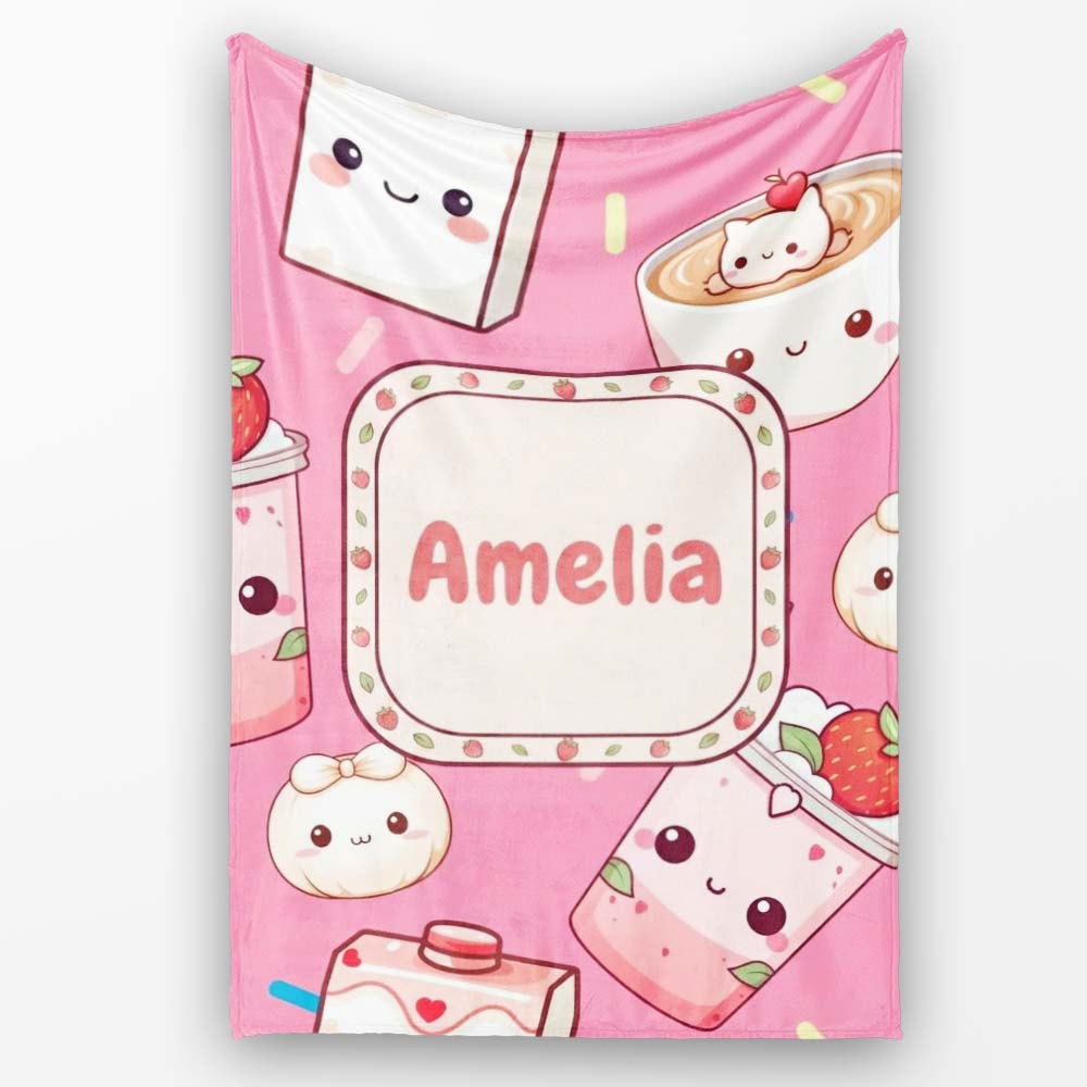 Cute Strawberry Cat Coffee Cups Bright Pink Kawaii Seamless Pattern  Personalised Custom Name Super Soft Fleece Blanket Bed Sofa Throw