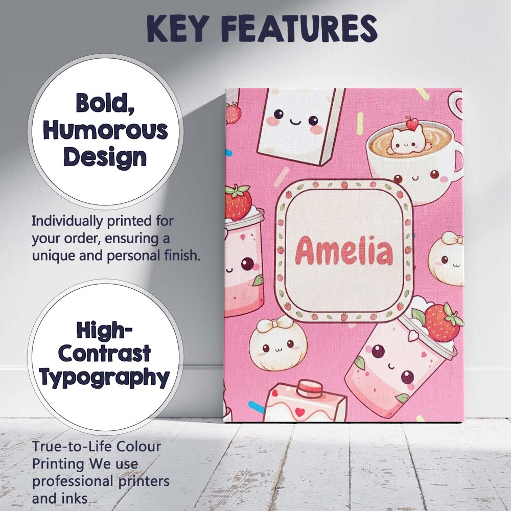 Personalised Name Cute Strawberry Cat Custom Modern Room Accent Creative Decorator Style Canvas Wall Art Print Decor Picture Ready to Hang