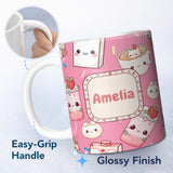 Personalized Custom Name Cute Strawberry Cat Coffee Cups Bright Pink Kawaii Seamless Pattern 11oz Ceramic Coffee Tea Mug White Large Handle