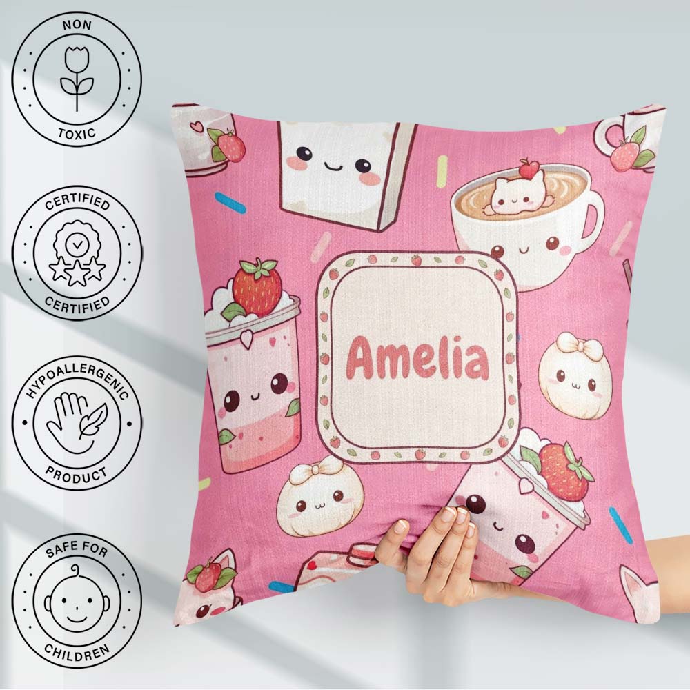 Custom Name Cute Strawberry Cat Cups Bright Pink Kawaii Seamless Square Filled Cushion Throw Pillow Sofa Bed Home Decor Zip Washable UK Made