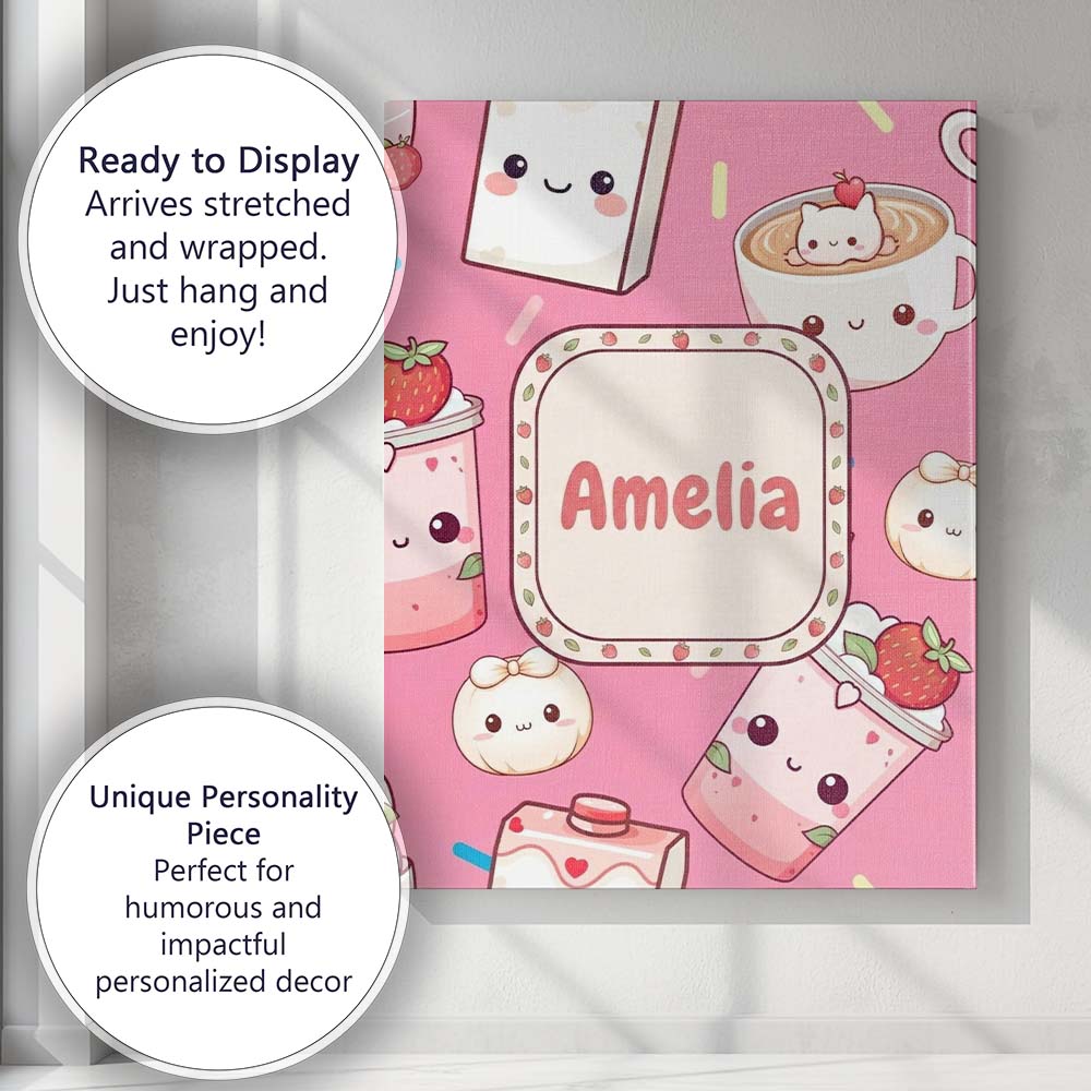 Personalised Name Cute Strawberry Cat Custom Modern Room Accent Creative Decorator Style Canvas Wall Art Print Decor Picture Ready to Hang