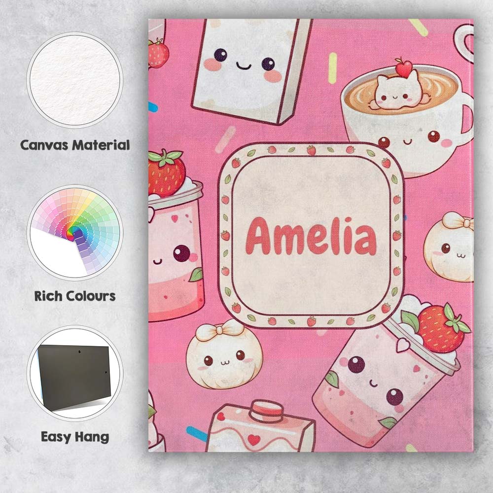Personalised Name Cute Strawberry Cat Custom Modern Room Accent Creative Decorator Style Canvas Wall Art Print Decor Picture Ready to Hang