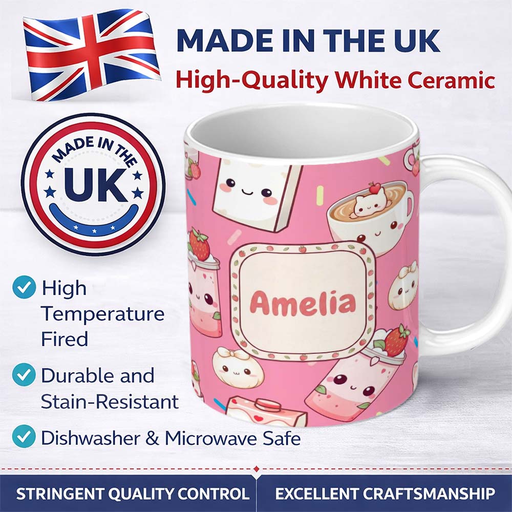 Personalized Custom Name Cute Strawberry Cat Coffee Cups Bright Pink Kawaii Seamless Pattern 11oz Ceramic Coffee Tea Mug White Large Handle