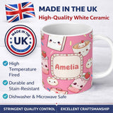 Personalized Custom Name Cute Strawberry Cat Coffee Cups Bright Pink Kawaii Seamless Pattern 11oz Ceramic Coffee Tea Mug White Large Handle