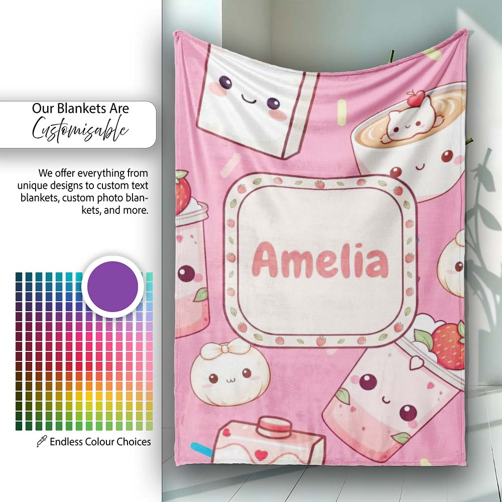 Cute Strawberry Cat Coffee Cups Bright Pink Kawaii Seamless Pattern  Personalised Custom Name Super Soft Fleece Blanket Bed Sofa Throw