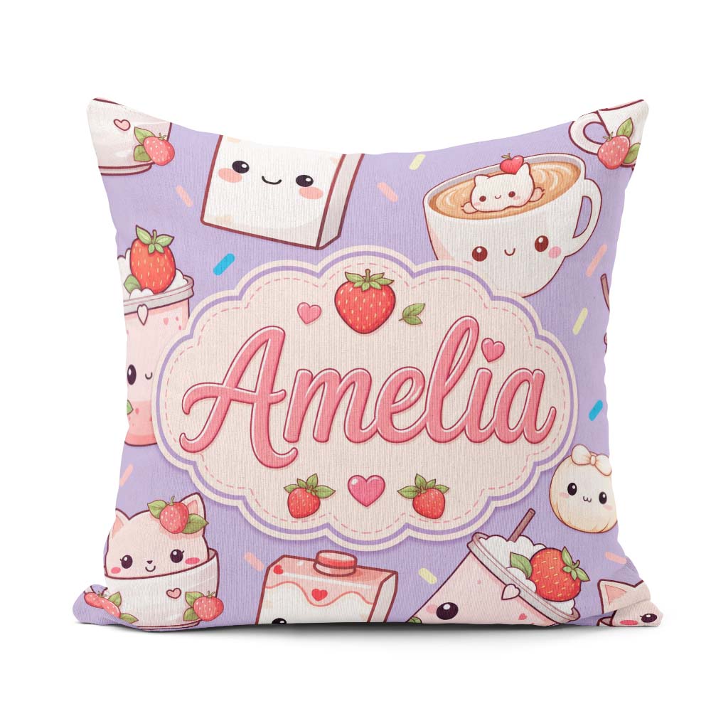 Custom Name Strawberry Cat Cups Purple Kawaii Seamless Pattern Square Filled Cushion Throw Pillow Sofa Bed Home Decor Zip Washable UK Made