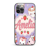 Cute Strawberry Cat Coffee Cups Purple Kawaii Custom Name Protective Phone Case Mobile Cover Durable Everyday Smartphone Shock Resistant