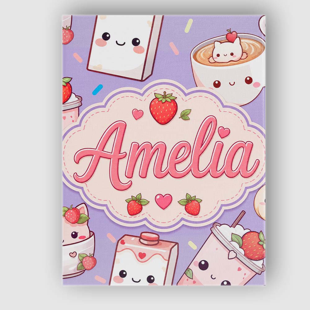 Personalised Name Cute Strawberry Cat Custom Modern Room Accent Creative Decorator Style Canvas Wall Art Print Decor Picture Ready to Hang