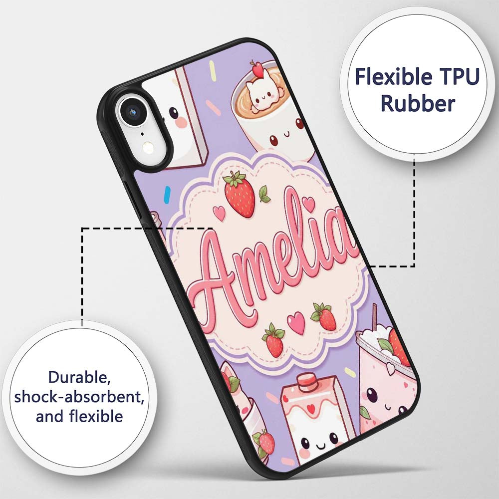 Cute Strawberry Cat Coffee Cups Purple Kawaii Custom Name Protective Phone Case Mobile Cover Durable Everyday Smartphone Shock Resistant