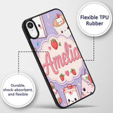 Cute Strawberry Cat Coffee Cups Purple Kawaii Custom Name Protective Phone Case Mobile Cover Durable Everyday Smartphone Shock Resistant