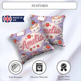 Custom Name Strawberry Cat Cups Purple Kawaii Seamless Pattern Square Filled Cushion Throw Pillow Sofa Bed Home Decor Zip Washable UK Made