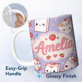 Personalized Custom Name Cute Strawberry Cat Coffee Cups Purple Kawaii Seamless Pattern 11oz Ceramic Coffee Tea Mug White Large Handle