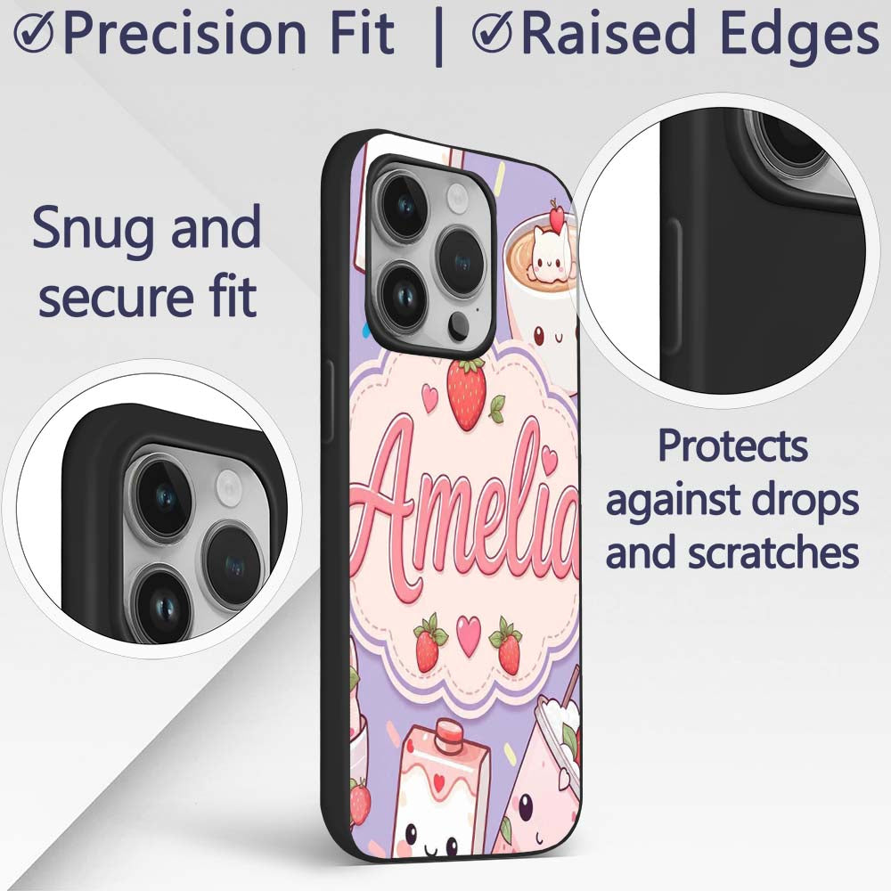 Cute Strawberry Cat Coffee Cups Purple Kawaii Custom Name Protective Phone Case Mobile Cover Durable Everyday Smartphone Shock Resistant
