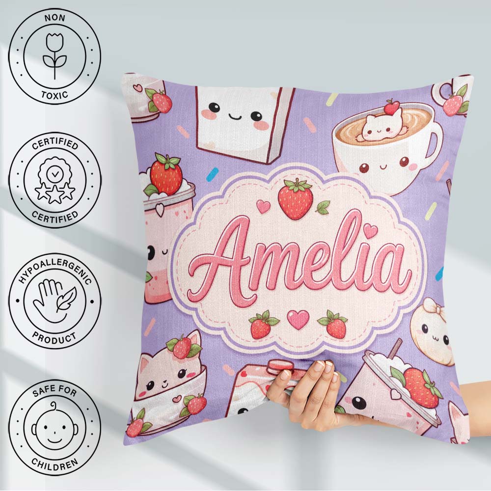 Custom Name Strawberry Cat Cups Purple Kawaii Seamless Pattern Square Filled Cushion Throw Pillow Sofa Bed Home Decor Zip Washable UK Made
