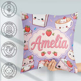 Custom Name Strawberry Cat Cups Purple Kawaii Seamless Pattern Square Filled Cushion Throw Pillow Sofa Bed Home Decor Zip Washable UK Made
