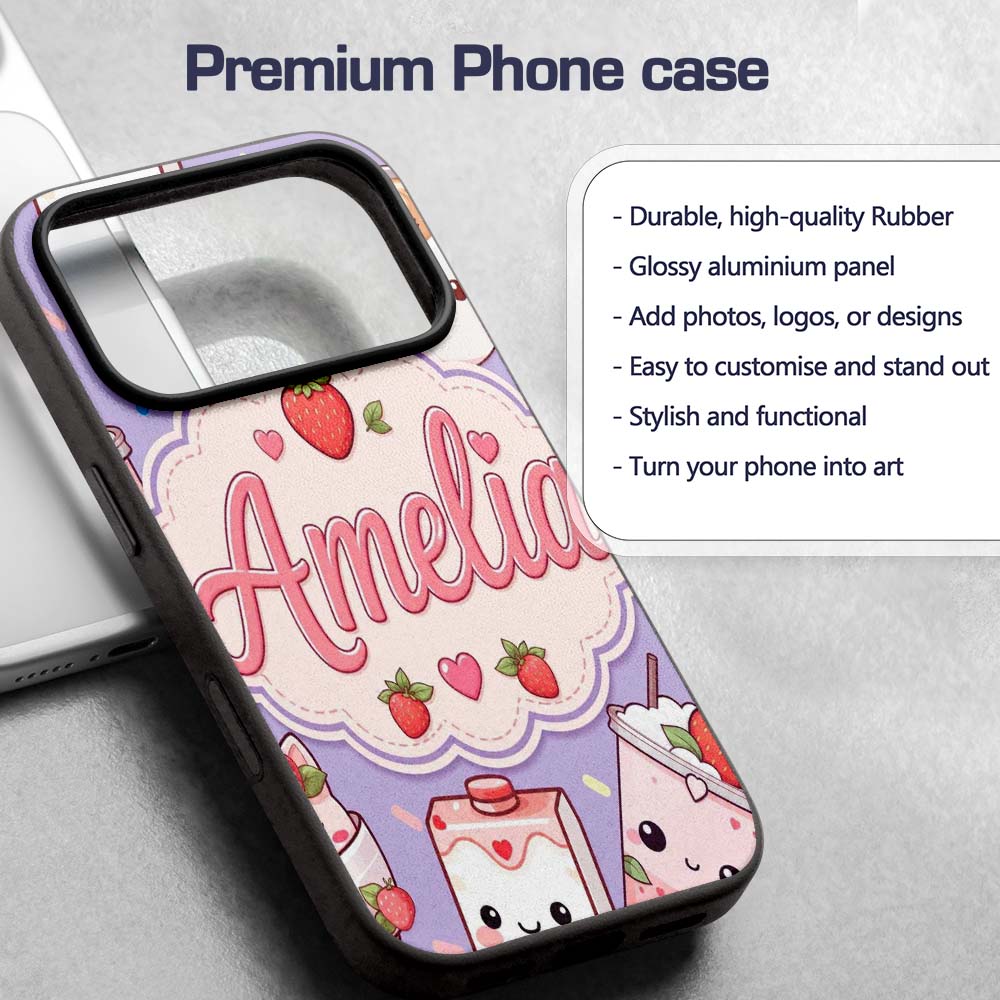 Cute Strawberry Cat Coffee Cups Purple Kawaii Custom Name Protective Phone Case Mobile Cover Durable Everyday Smartphone Shock Resistant