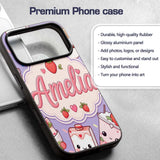 Cute Strawberry Cat Coffee Cups Purple Kawaii Custom Name Protective Phone Case Mobile Cover Durable Everyday Smartphone Shock Resistant