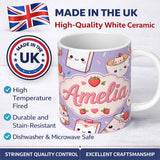 Personalized Custom Name Cute Strawberry Cat Coffee Cups Purple Kawaii Seamless Pattern 11oz Ceramic Coffee Tea Mug White Large Handle