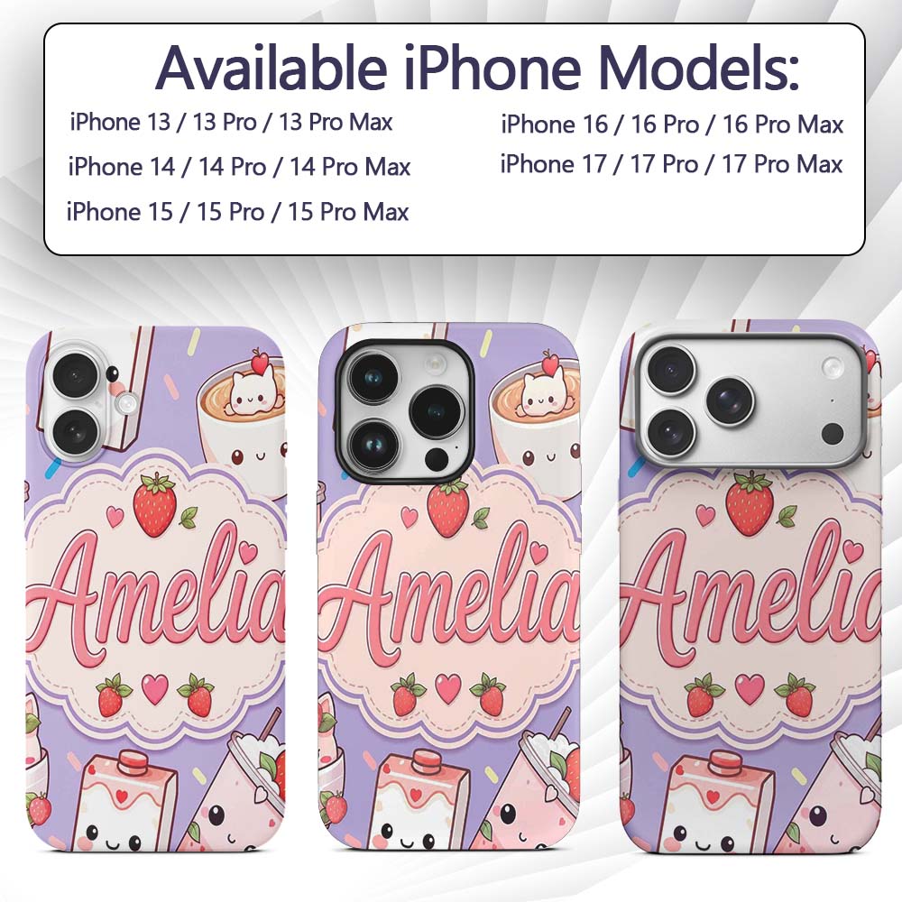 Cute Strawberry Cat Coffee Cups Purple Kawaii Custom Name Protective Phone Case Mobile Cover Durable Everyday Smartphone Shock Resistant