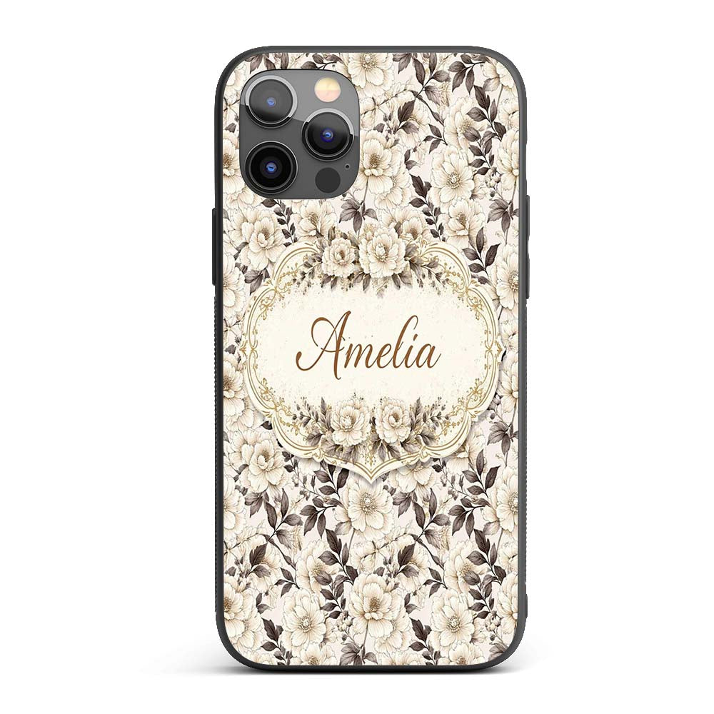 Elegant Monochrome Floral Vintage Printed Design Custom Name Protective Phone Case Mobile Cover Durable Everyday Smartphone Shock Resistant