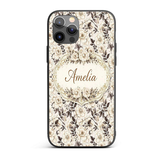 Elegant Monochrome Floral Vintage Printed Design Custom Name Protective Phone Case Mobile Cover Durable Everyday Smartphone Shock Resistant