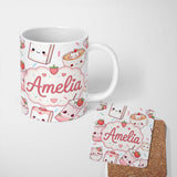 Personalized Custom Name Cute Strawberry Cat Coffee Cups White Kawaii Seamless Pattern Name 11oz Ceramic Coffee Tea Mug White Large Handle