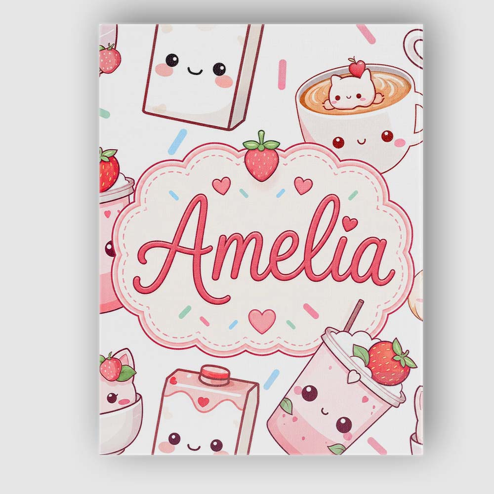 Personalised Name Cute Strawberry Cat Custom Modern Room Accent Creative Decorator Style Canvas Wall Art Print Decor Picture Ready to Hang