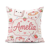 Custom Name Cute Strawberry Cat Cups White Seamless Pattern Name Square Filled Cushion Throw Pillow Sofa Bed Home Decor Zip Washable UK Made