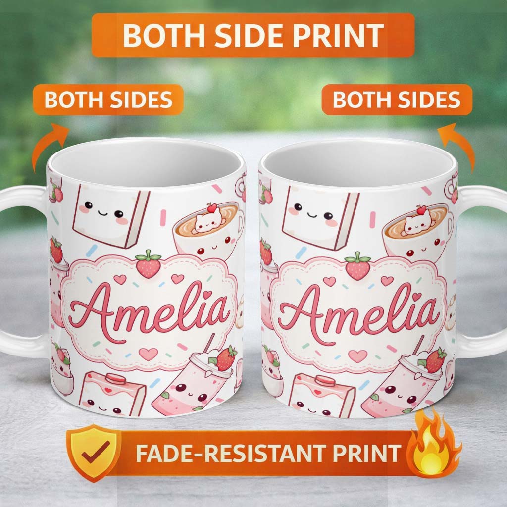 Personalized Custom Name Cute Strawberry Cat Coffee Cups White Kawaii Seamless Pattern Name 11oz Ceramic Coffee Tea Mug White Large Handle