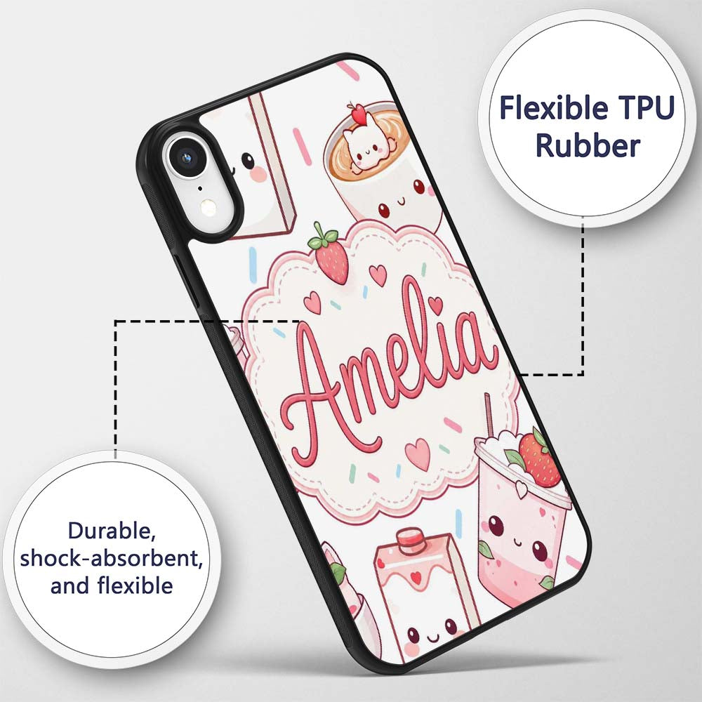 Cute Strawberry Cat Coffee Cups White Kawaii Custom Name Protective Phone Case Mobile Cover Durable Everyday Smartphone Shock Resistant