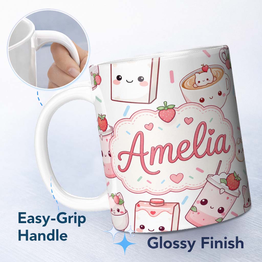 Personalized Custom Name Cute Strawberry Cat Coffee Cups White Kawaii Seamless Pattern Name 11oz Ceramic Coffee Tea Mug White Large Handle