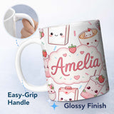 Personalized Custom Name Cute Strawberry Cat Coffee Cups White Kawaii Seamless Pattern Name 11oz Ceramic Coffee Tea Mug White Large Handle