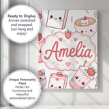 Personalised Name Cute Strawberry Cat Custom Modern Room Accent Creative Decorator Style Canvas Wall Art Print Decor Picture Ready to Hang