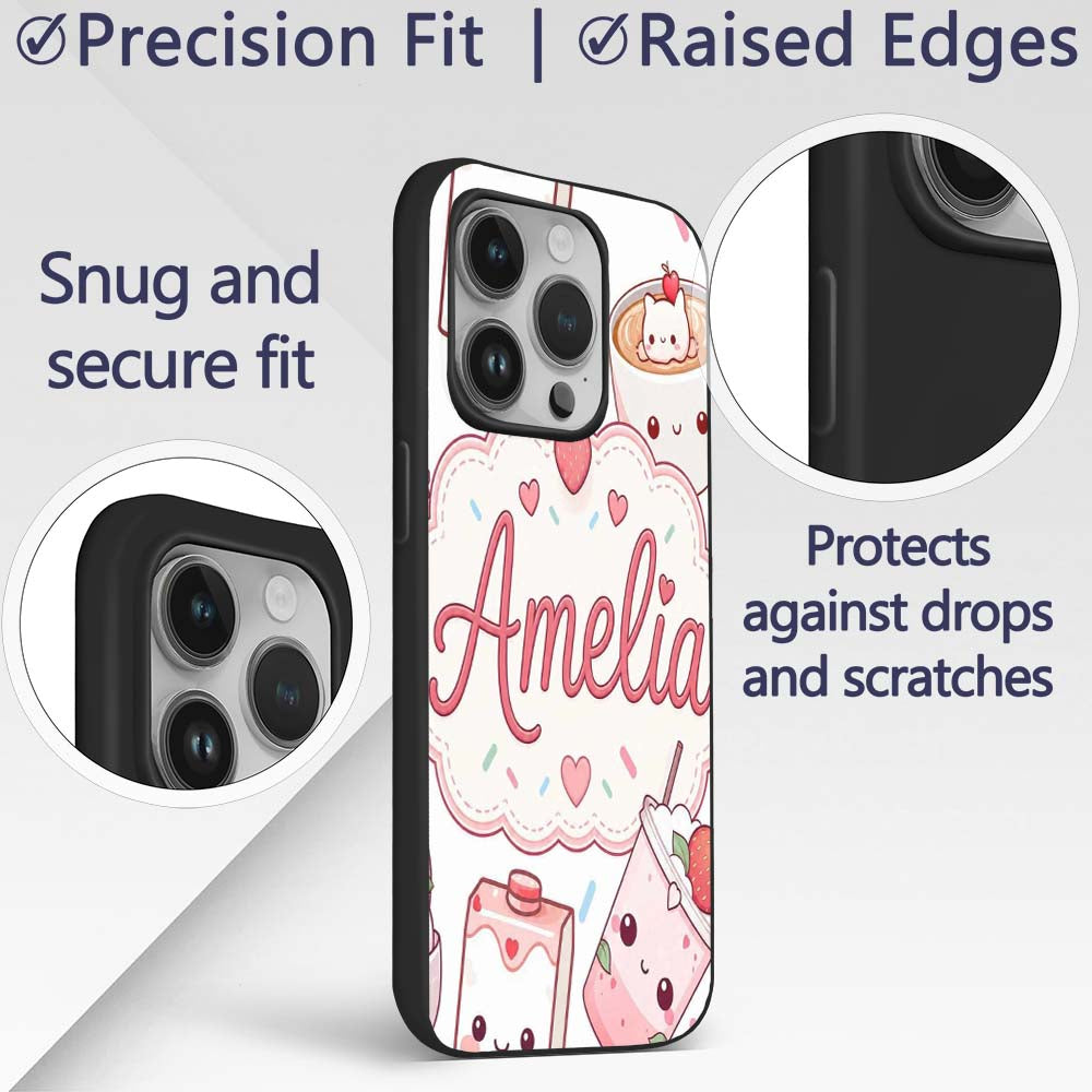 Cute Strawberry Cat Coffee Cups White Kawaii Custom Name Protective Phone Case Mobile Cover Durable Everyday Smartphone Shock Resistant