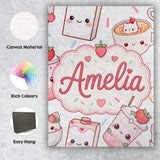 Personalised Name Cute Strawberry Cat Custom Modern Room Accent Creative Decorator Style Canvas Wall Art Print Decor Picture Ready to Hang